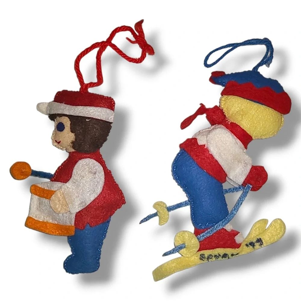 Vintage Felt Christmas‎ Ornaments Set 2 Handmade Skier Drummer Plush